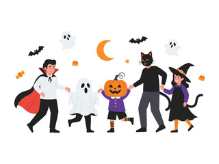 Family Halloween Parade: A delightful family parades in spooky Halloween costumes, creating a fun-filled festive scene filled with the spirit of autumn, with friendly ghosts, bats and pumpkins.