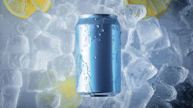 A soda can with large ice cubes lies next to lemon wedges. A lemonade drink concept.