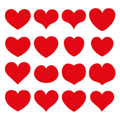Collection of various red heart shapes on a white background