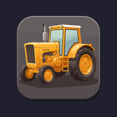 Fototapeta premium Cartoon-style yellow tractor with large wheels parked on a dark background, ideal for agricultural themes