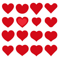 Collection of various red heart shapes on a white background