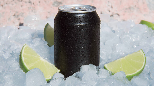 A black soda can standing in ice cubes next to pieces of ripe lime. Refreshing drinks.
