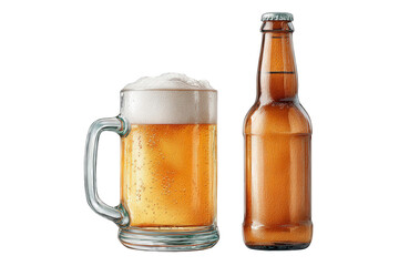 A pint of golden beer in a glass mug next to a brown glass bottle of beer, isolated on transparent background