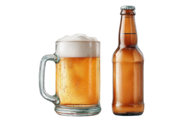 A pint of golden beer in a glass mug next to a brown glass bottle of beer, isolated on transparent background