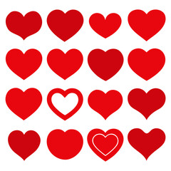Collection of various red heart shapes on a white background