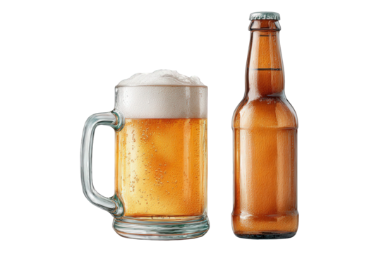 A pint of golden beer in a glass mug next to a brown glass bottle of beer, isolated on transparent background - Powered by Adobe