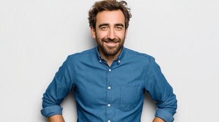 Obraz premium Young man smiles confidently while standing against a bright white background in a casual denim shirt