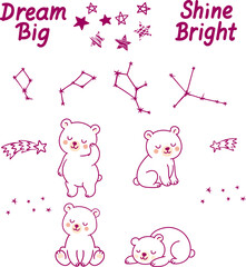 Cute cartoon sleeping bears. Set of Baby Teddy Bear and constellations.