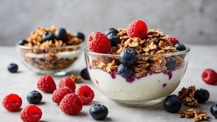 Two Glass Bowls of Layered Yogurt Parfait with Crunchy Granola, Fresh Raspberries, and Blueberries.