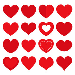 Collection of various red heart shapes on a white background