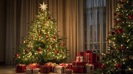 Two Glowing Christmas Trees Fill a Cozy Room with Festive Warmth and Gifts