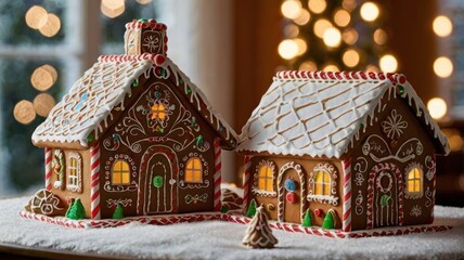 Two Intricately Iced Gingerbread Houses Glowing Warmly Against a Festive Bokeh Background.