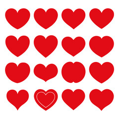 Collection of various red heart shapes on a white background