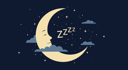 Naklejka premium Serene night scene featuring a crescent moon with a sleeping face, surrounded by clouds and stars
