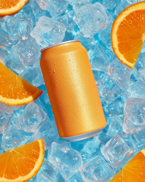 An orange soda can lying in ice cubes with a few orange slices. Refreshing chilled drinks.