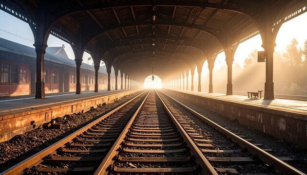 Train Tracks Leading to Light at Station Platform in Fog - Powered by Adobe
