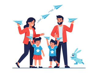 Family with Paper Airplane Fun: A vibrant illustration of a family united in joyful play, as they launch paper airplanes, a celebration of togetherness and childhood delight.