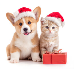 Pembroke Welsh Corgi puppy and kitten in red christmas hats sitting with gift box. isolated on white background