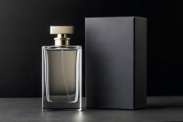 Elegant perfume bottle and black box on dark background, ideal for luxury beauty and fragrance branding