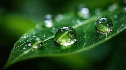 Fresh water droplets on vibrant green leaf, nature purity, eco-friendly marketing, sustainable living, gardening theme, wellness background, environmental concept

