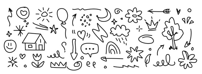 Hand Drawn Doodle Sketch Icons | Arrows, Hearts, Stars, Flowers, Clouds, Tree, Rainbow, House, Fun Elements