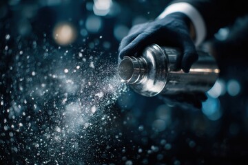 Bartender shaking cocktail, indoors, with blurred lights backdrop. Bar advertising