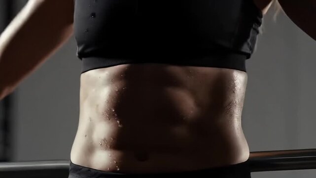 Close up of a sweaty woman's abs after a workout in a black sports bra and workout pants indoors