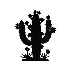 Obraz premium Silhouette of a flowering saguaro cactus against a white background design, cactus blooming in spring silhouette vector illustration