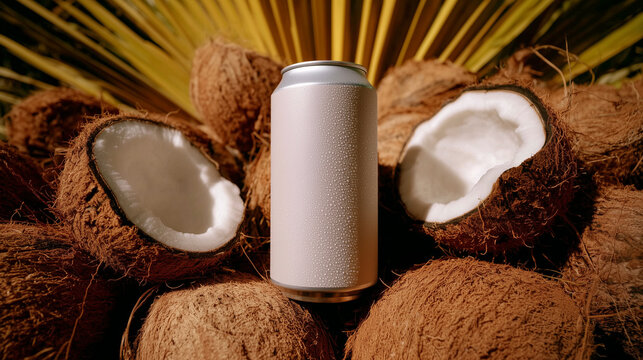 A soda can standing on a table with tropical leaves and coconuts in the background. Refreshing coconut drink concept.
