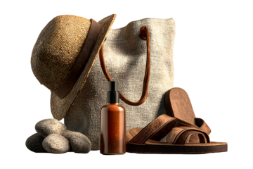 Summer essentials still life arrangement featuring hat, bag, sandals, lotion and stones