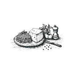 Hand Drawn Italian Pasta With Cheese and Basil
