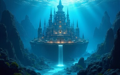 Obraz premium Magnificent underwater city in glowing aquamarine realm fantastical submerged metropolis in shimmering ocean depths. Sapphire Ocean Depths. Illustration. High quality
