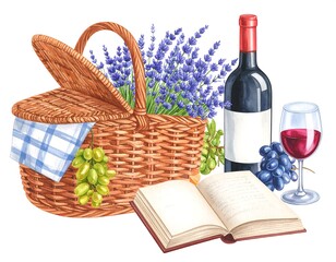 Naklejka premium Watercolor picnic basket with lavender, wine, and book