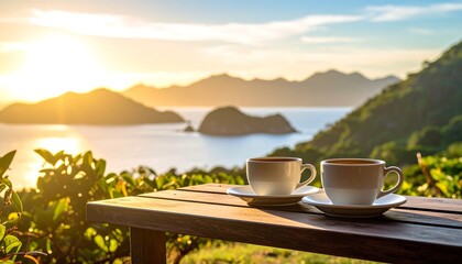 Two Cups of Coffee Overlooking Ocean at Sunset