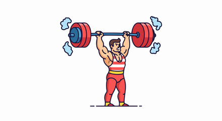 Muscular Man Lifting Heavy Red Barbell Overhead with Effort.