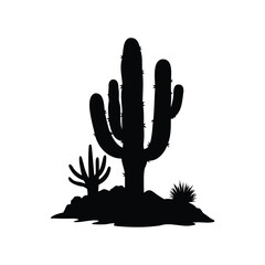 Black Silhouette Illustration of a Desert Landscape Featuring a Saguaro Cactus, cactus growing in rocky area silhouette vector illustration