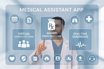 A medical assistant app interface showcases virtual consultations, smart prescriptions, and real-time diagnosis features for enhanced healthcare accessibility.