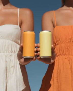 Two girls in summer dresses holding two soda cans against the sky. Refreshing chilled drinks.
