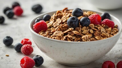 Vibrant Berry Medley Atop Crunchy Granola in a Rustic White Bowl.
