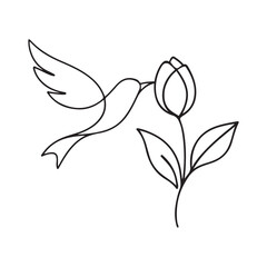 One Line Drawing of a Flying Bird with Blooming Rose for Vector Design