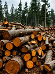 Chopped trees, caber, wooden logs, timber and lumber lying on the pile after deforestation