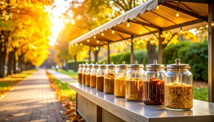 Variety of Snacks in Glass Jars on an Outdoor Stall at Park