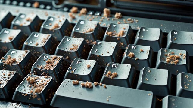 Close up of dirty computer keyboard with dust and food crumbs stuck between keys in messy workplace environment
