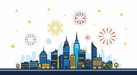 Colorful Vector Illustration of a City Skyline with Fireworks Display.