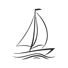 Minimalist Line Art of a Sailing Boat on Water with Elegant Waves for Graphic Design