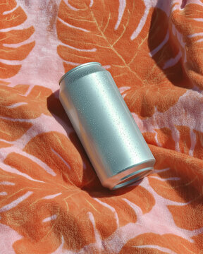 An aluminum soda can lying on top of a towel with orange leaf patterns on the beach. Refreshing chilled summer drinks.
