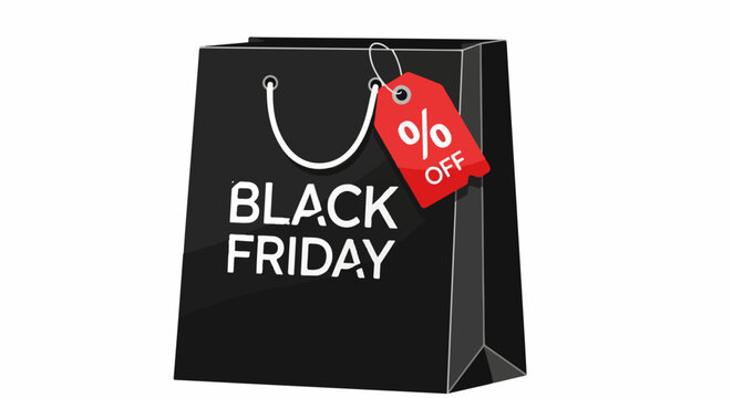 Black Friday shopping bag with a red percentage off discount sale tag. - Powered by Adobe
