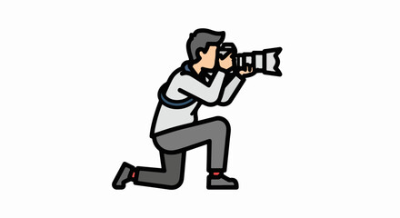 Cartoon Photographer Kneeling, Holding a Professional Camera.