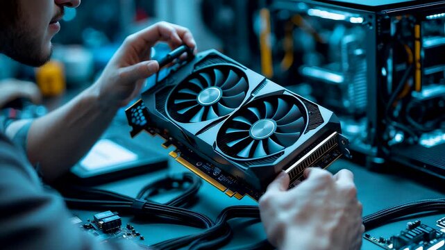 Technician assembling powerful computer GPU graphics card with dual cooling fans inside high performance PC