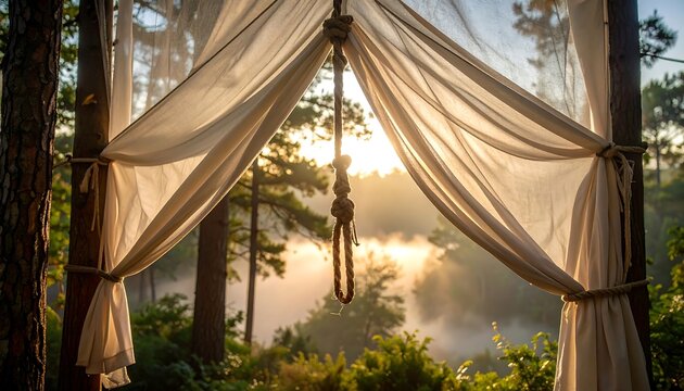 Viewing Foggy Forest Through a Tent Opening in Sunlight
